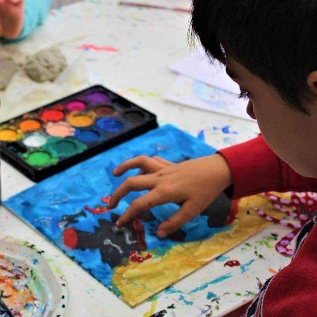 Children painting at a Surrey holiday club studio, arts and crafts holiday clubs Surrey