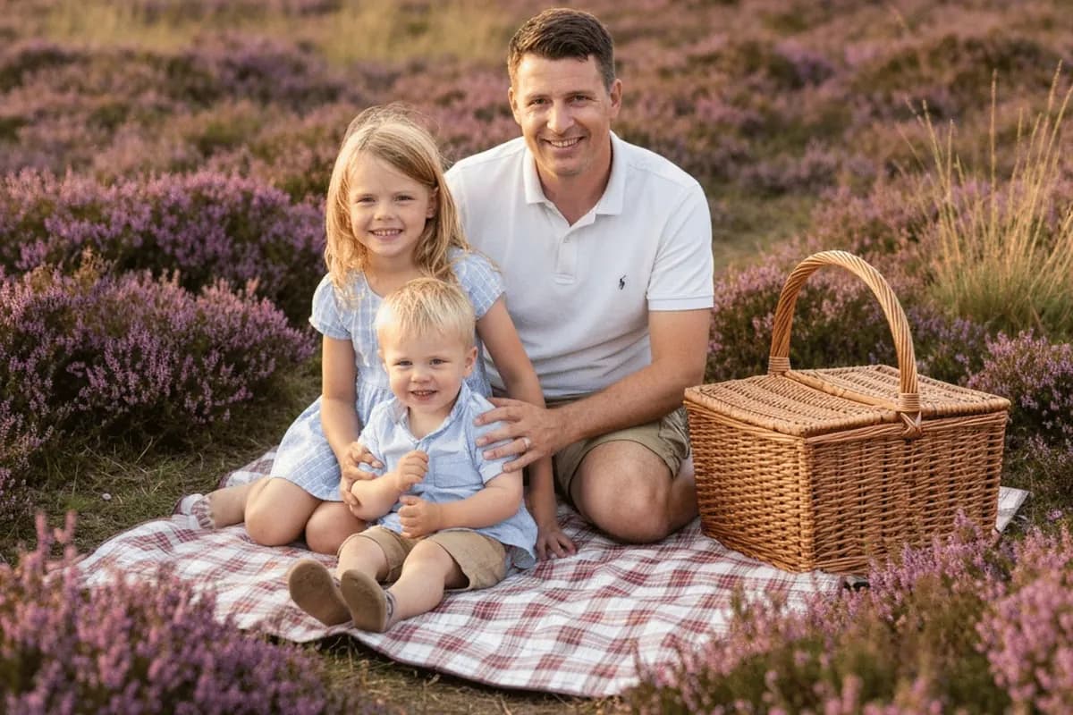 A British family enjoying a summer picnic on Surrey heathland during the holidays