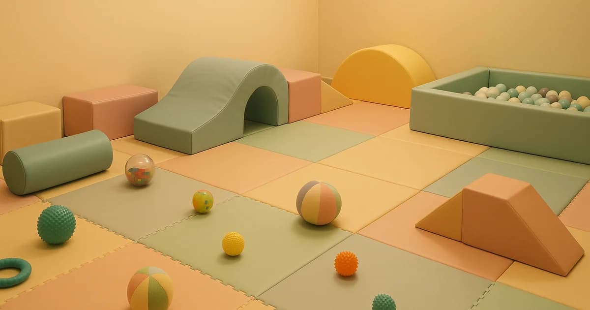 Baby soft play area in Surrey with padded shapes and sensory toys in pastel colours, soft play for babies Surrey