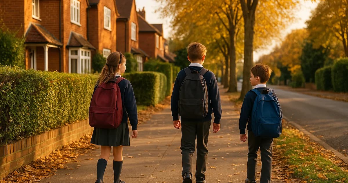 Three children in school uniform walking home along a leafy Guildford pavement in late-afternoon autumn light, after school clubs near me Guildford, families and carers