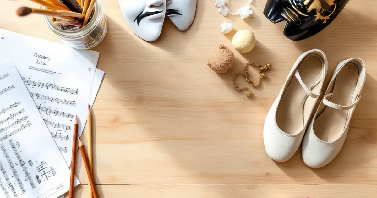 Arts and performing arts objects on a wooden table β paintbrushes, theatre masks, ballet shoes and sheet music all fully visible