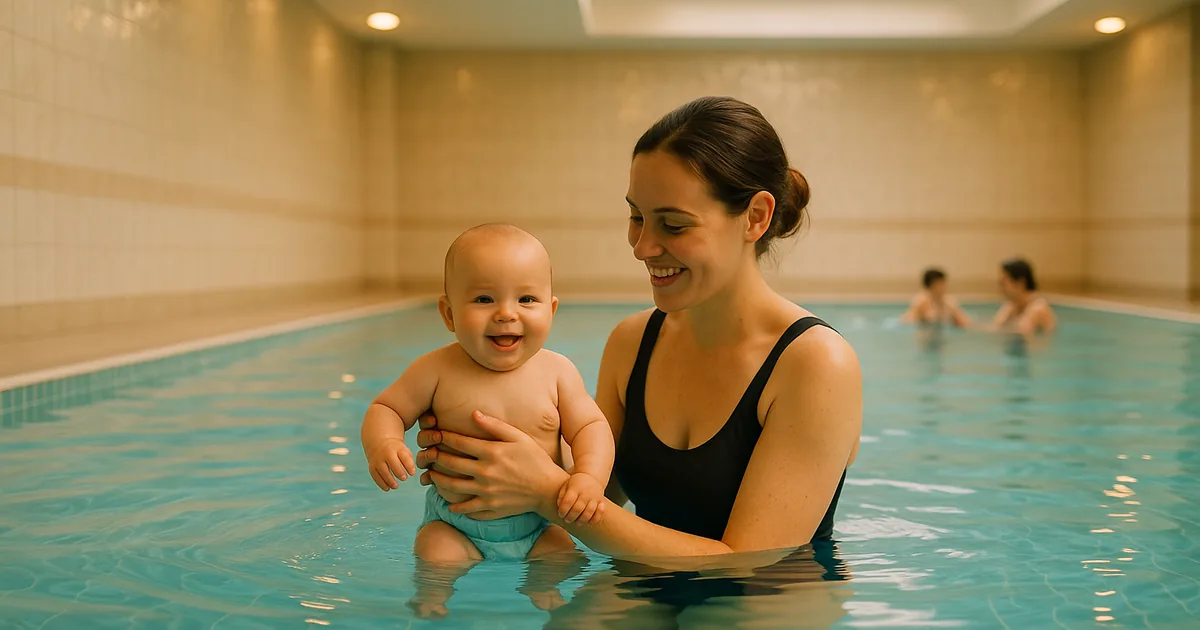 A parent holding a smiling baby at the edge of a warm indoor swimming pool during a baby swimming lesson in Surrey, baby swimming lessons near me, families with young babies