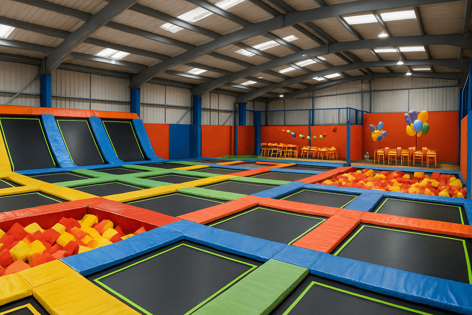 Indoor trampoline park with trampolines and birthday decorations, children's party venues Surrey