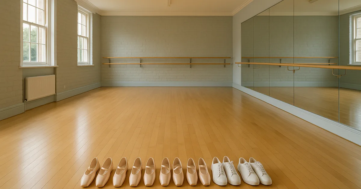 A bright children's dance studio in Surrey with a ballet barre and mirrored wall, ballet shoes and trainers on a wooden floor, dance classes for children in Surrey, parents and families