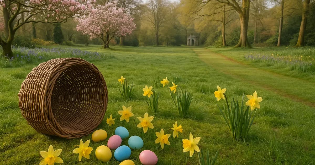 A woven Easter basket spilling painted eggs on a Surrey National Trust lawn under blossom, Easter egg hunt Surrey, families