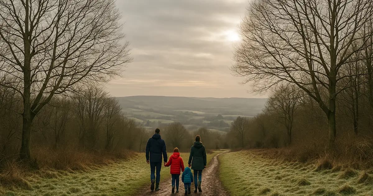 Family walking a National Trust footpath in the Surrey Hills on a bright February half-term day, half term activities Surrey, families