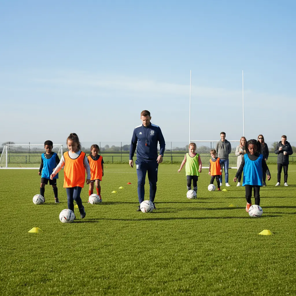 Children playing football in Guildford, Surrey, with a youth football coach on a training pitch