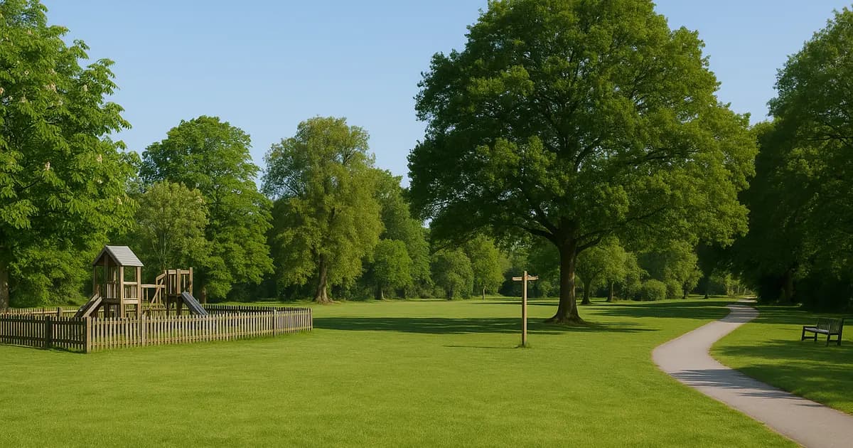A quiet Surrey town park on a sunny weekend morning with an empty wooden playground, mown grass and mature oak trees, free things to do Surrey this weekend, families