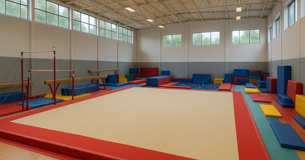 A modern indoor gymnastics gym in a Surrey community sports centre with sprung floor, beam, uneven bars and foam pit, gymnastics classes for children in Surrey