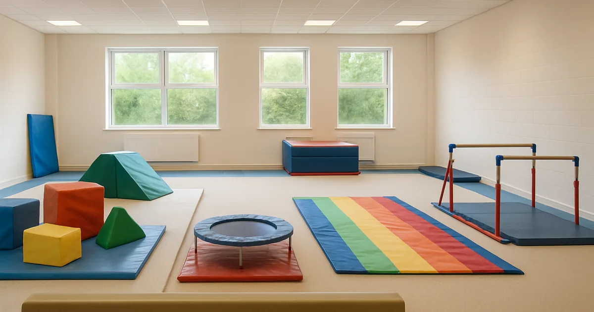 A bright indoor gymnastics gym set up for a toddler class in Surrey with a low balance beam, soft foam blocks and a mini trampette, toddler gymnastics Surrey, for parents and carers of children aged 4 months to 5 years.