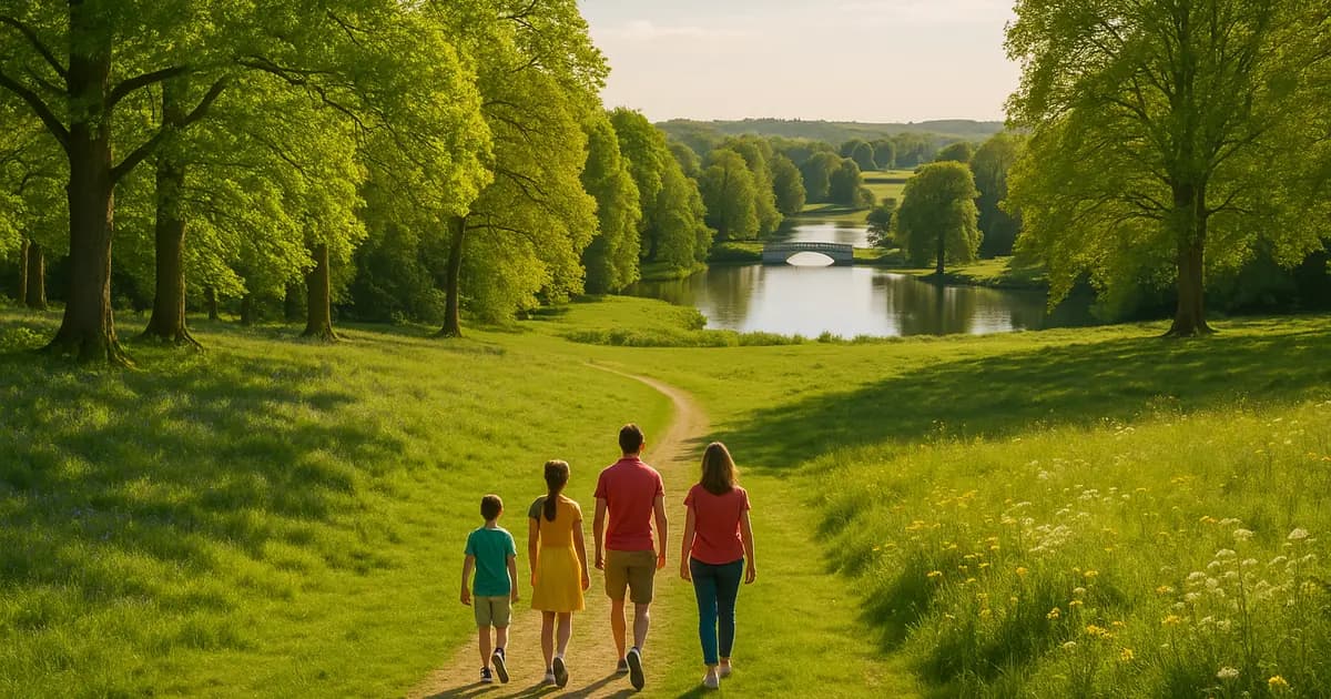 Family walking a Surrey country park path in warm late-May afternoon light with a lake and small white bridge in the mid-distance, may half term activities Surrey, families
