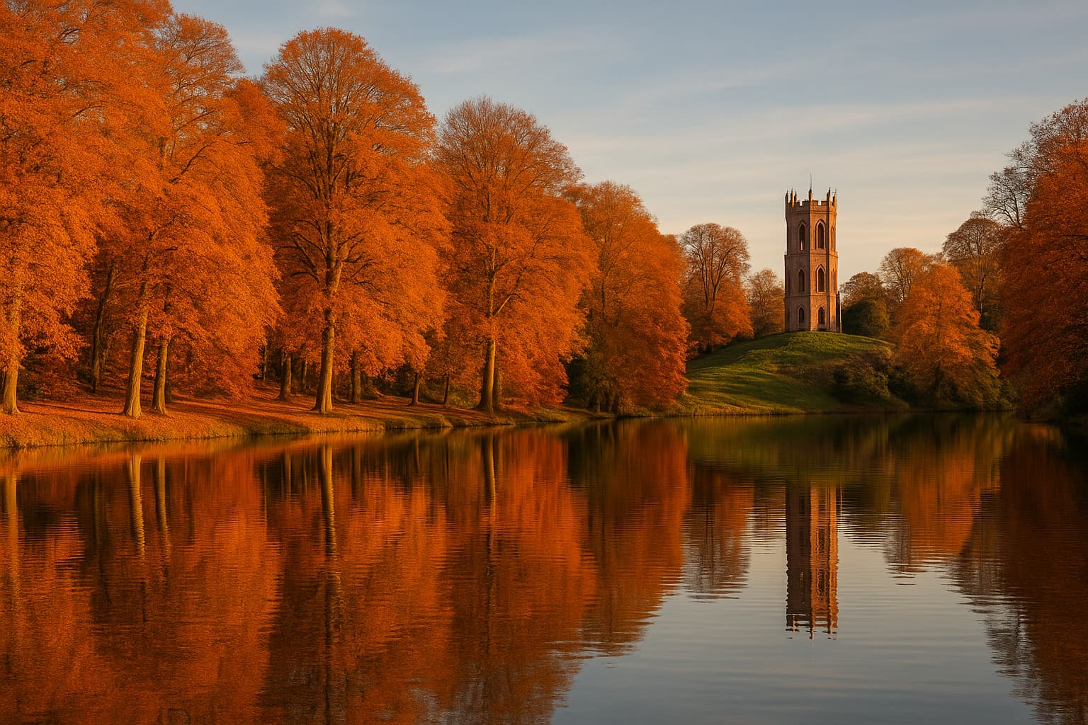 Autumn view of the Serpentine Lake and Gothic Tower at Painshill Park in Cobham, Surrey, family day out Surrey, families and children