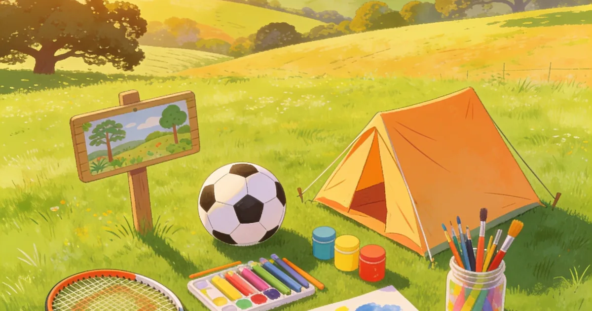 Summer holiday camp activity equipment on a Surrey village green — colourful outdoor scene with Surrey Hills backdrop