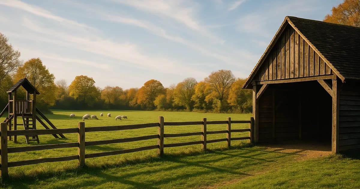 Autumn afternoon at a Surrey family farm with a wooden barn, sheep grazing in the pasture and a playground climbing frame in view, Surrey family farms 2026 guide