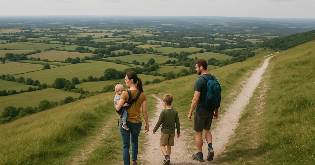 A family walking on a chalk ridge in the Surrey Hills National Landscape with a wide panoramic view over rolling English countryside, family walks Surrey