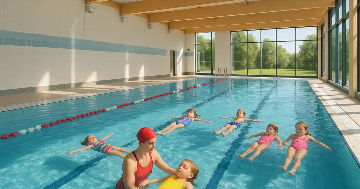 Primary-age children in bright swimming costumes practising back floats in a Surrey leisure centre pool with a swim teacher supporting one child, swimming lessons for children in Surrey, families