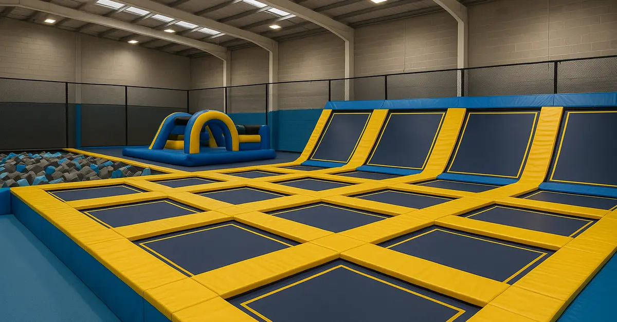 Indoor toddler trampoline zone at a Surrey trampoline park, with soft-padded mini trampolines and a foam pit edge