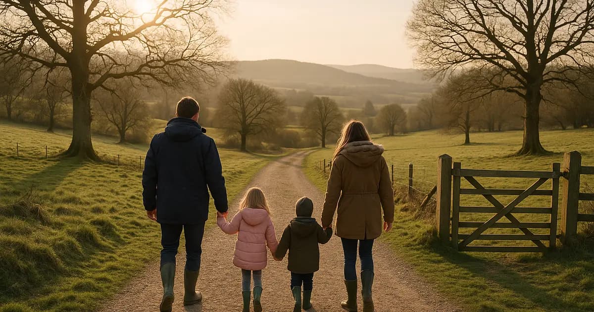 A family in warm coats and wellies walking a Surrey countryside path near Dorking on Valentine's Day weekend, valentines activities children in Surrey, families
