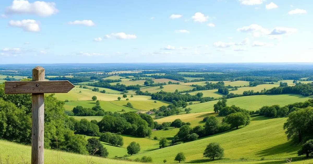 Surrey Hills countryside panorama on a summer day — rolling green hills, woodland and blue sky for summer holiday activities