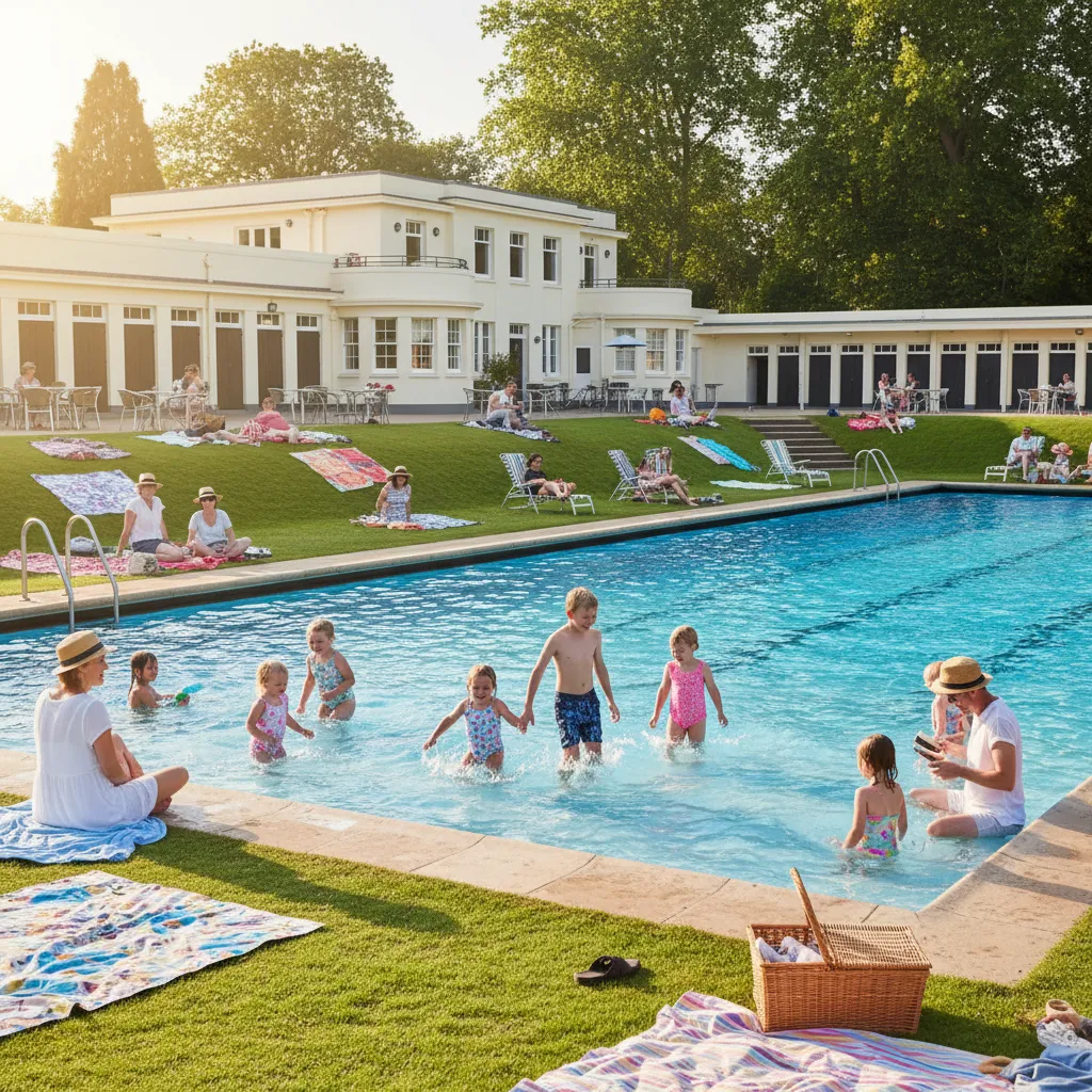 Surrey families enjoying outdoor swimming at historic lido on sunny summer day